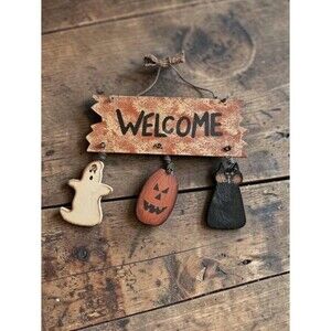 Halloween Welcome Sign Ghost Pumpkin Black Cat Wall Hanging Decor 8x6